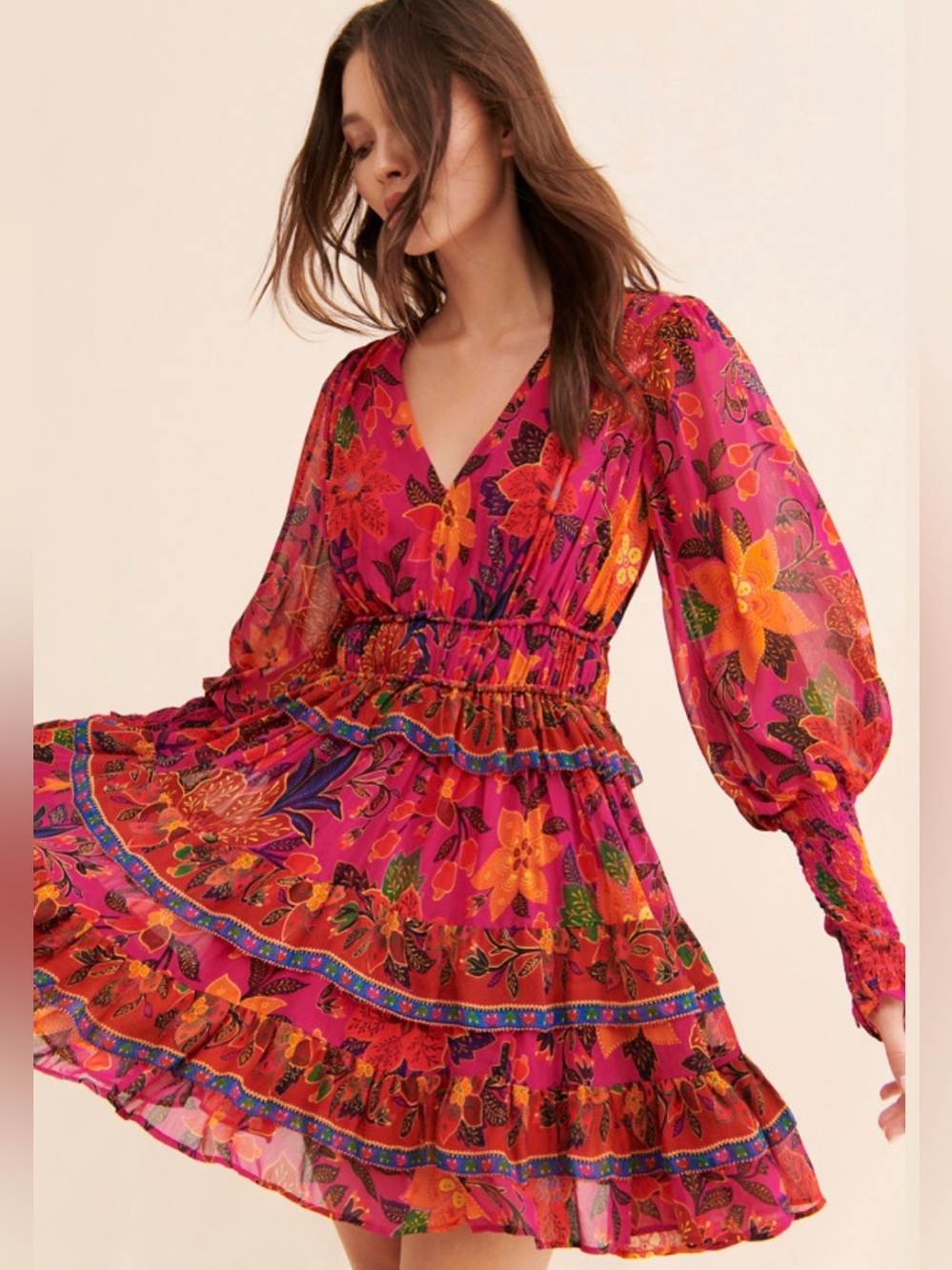 Farm Rio Tropical Tapestry Tiered Puff-Sleeve Mini Dress - Picture 2 of 6